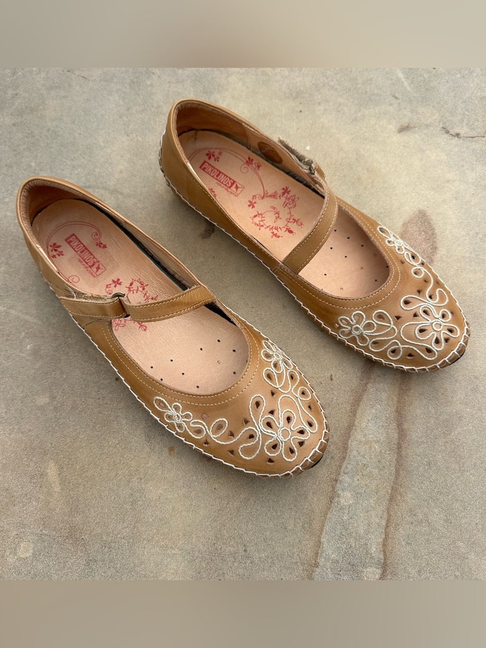 Pikolinos Mary Jane Tan Leather Flats Floral Embroidered Cutouts 10-10.5 READ